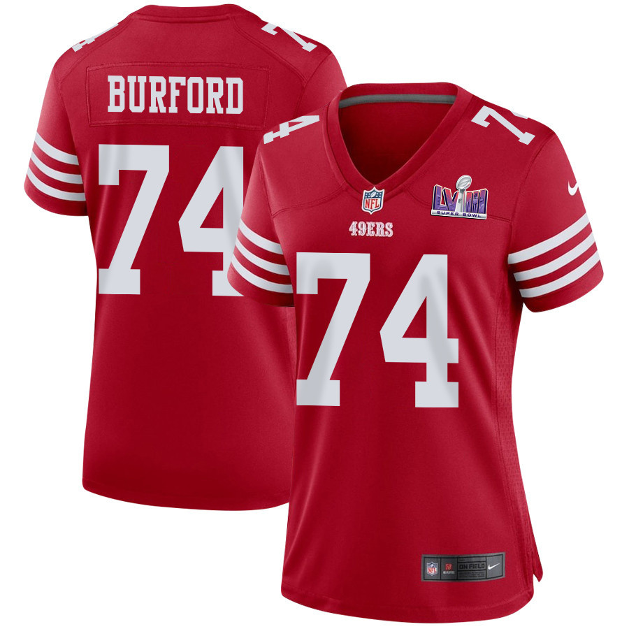 Spencer Burford 74 San Francisco 49ers Super Bowl LVIII Patch Game Scarlet NFL Jersey Women's