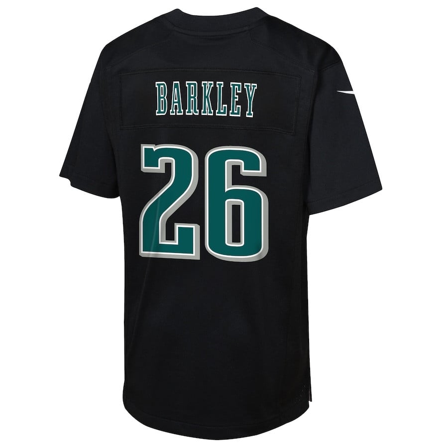 Saquon Barkley 26 Philadelphia Eagles Super Bowl LIX Patch Fashion Game Player Carbon Black NFL Jersey Youth