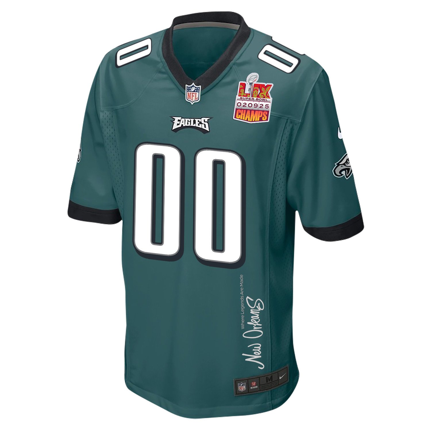 Philadelphia Eagles Super Bowl LIX Champions Patch New Orleans Where Legends Are Made' EMBROIDERED Game Custom Midnight Green NFL Jersey Men's