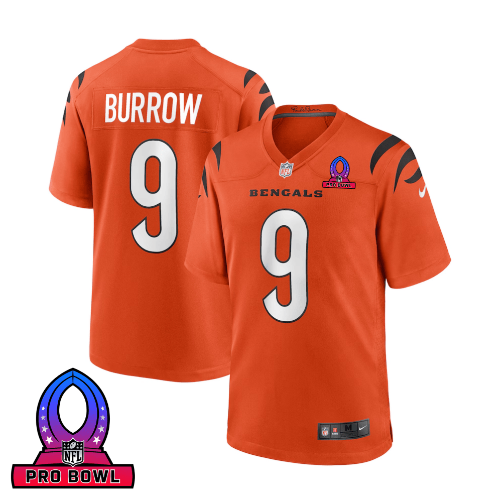 Joe Burrow 9 Cincinnati Bengals 2025 Pro Bowl Patch Game Orange NFL Jersey Men's