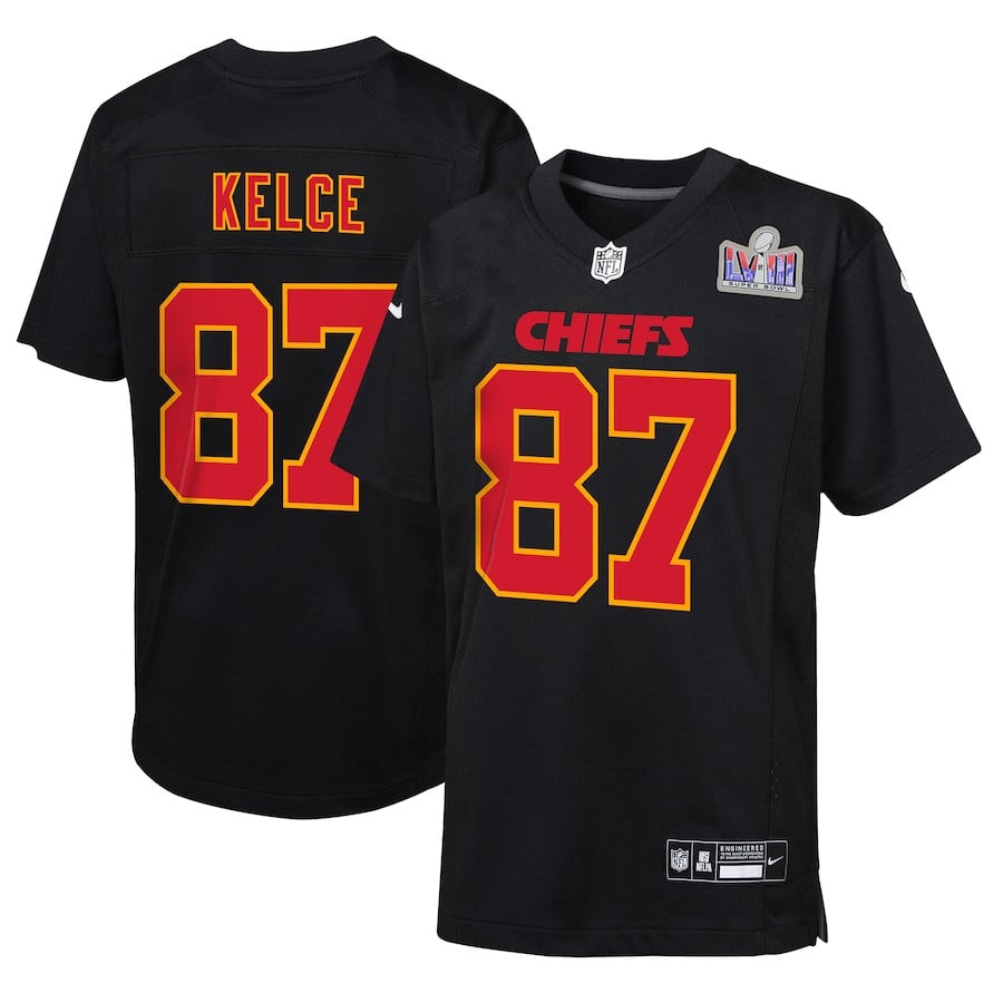Travis Kelce 87 Kansas City Chiefs Super Bowl LVIII Patch Fashion Game Carbon Black NFL Jersey Youth