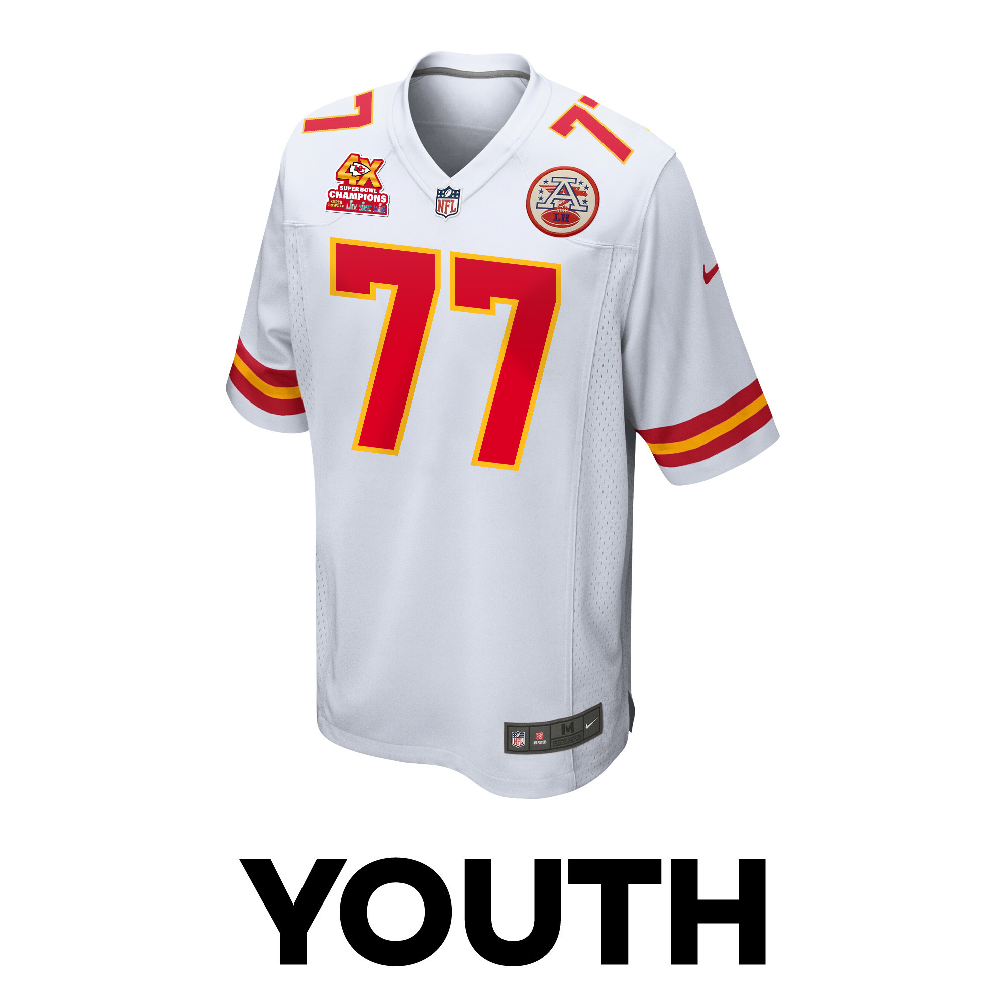Lucas Niang 77 Kansas City Chiefs Super Bowl LVIII Champions 4X Game White NFL Jersey Youth