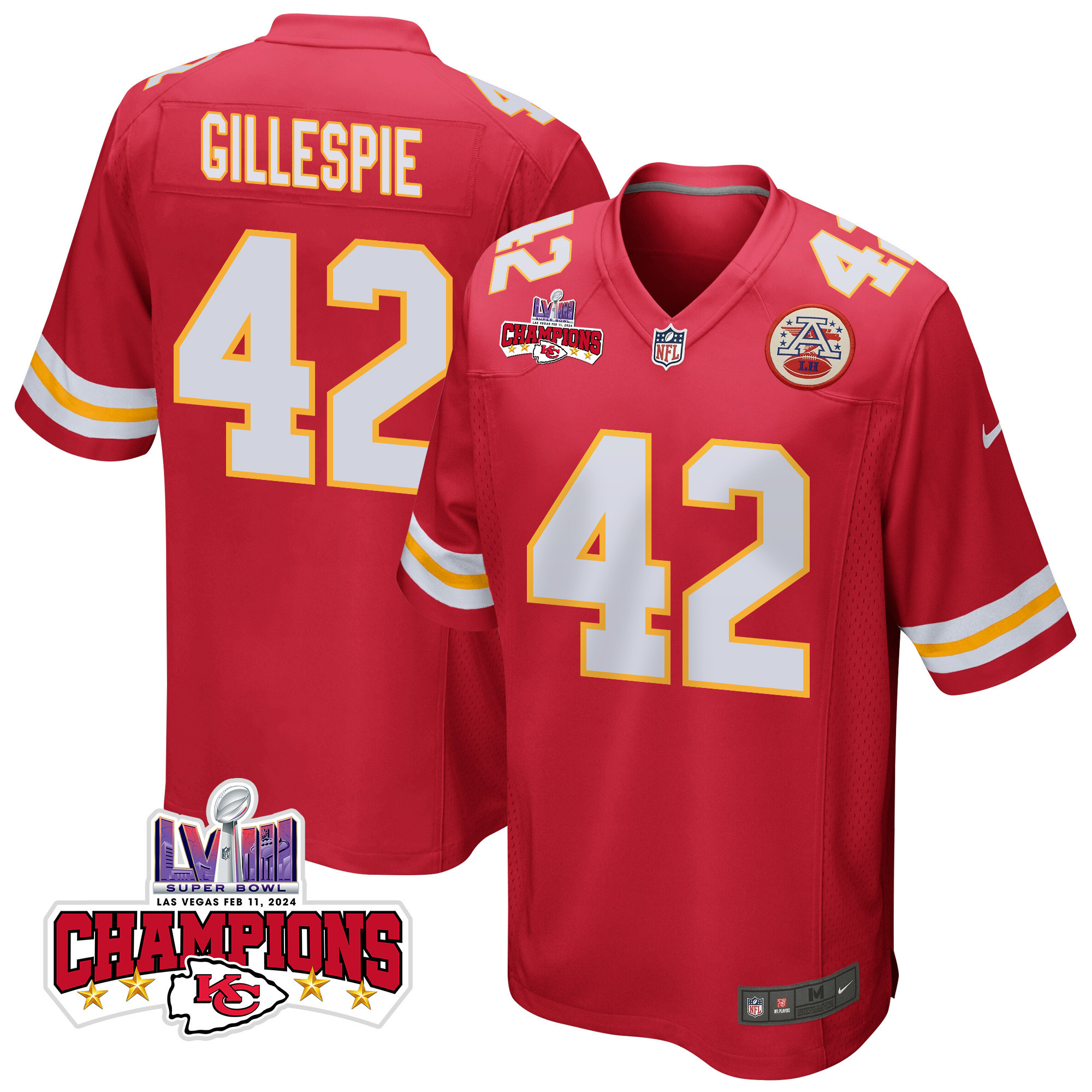 Tyree Gillespie 42 Kansas City Chiefs Super Bowl LVIII Champions 4 Stars Patch Game Red NFL Jersey Men's