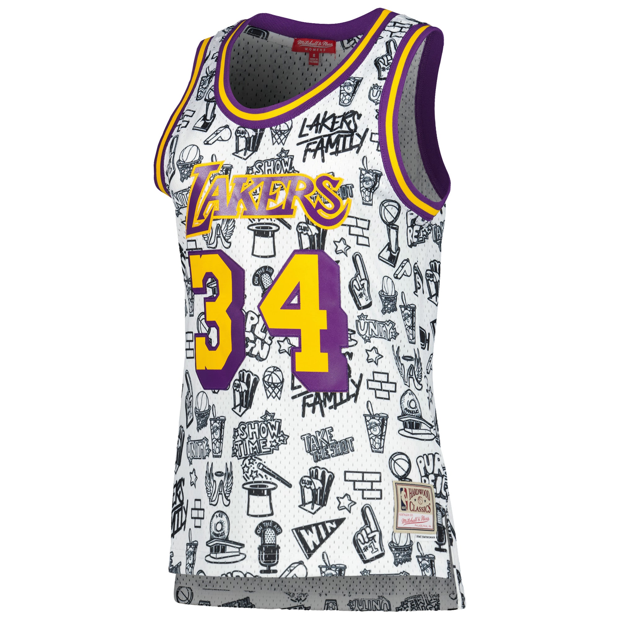 Mitchell Ness Shaquille O'Nea White Los Angeles Lakers 1996 Doodle Swingman NBA Jersey Women's