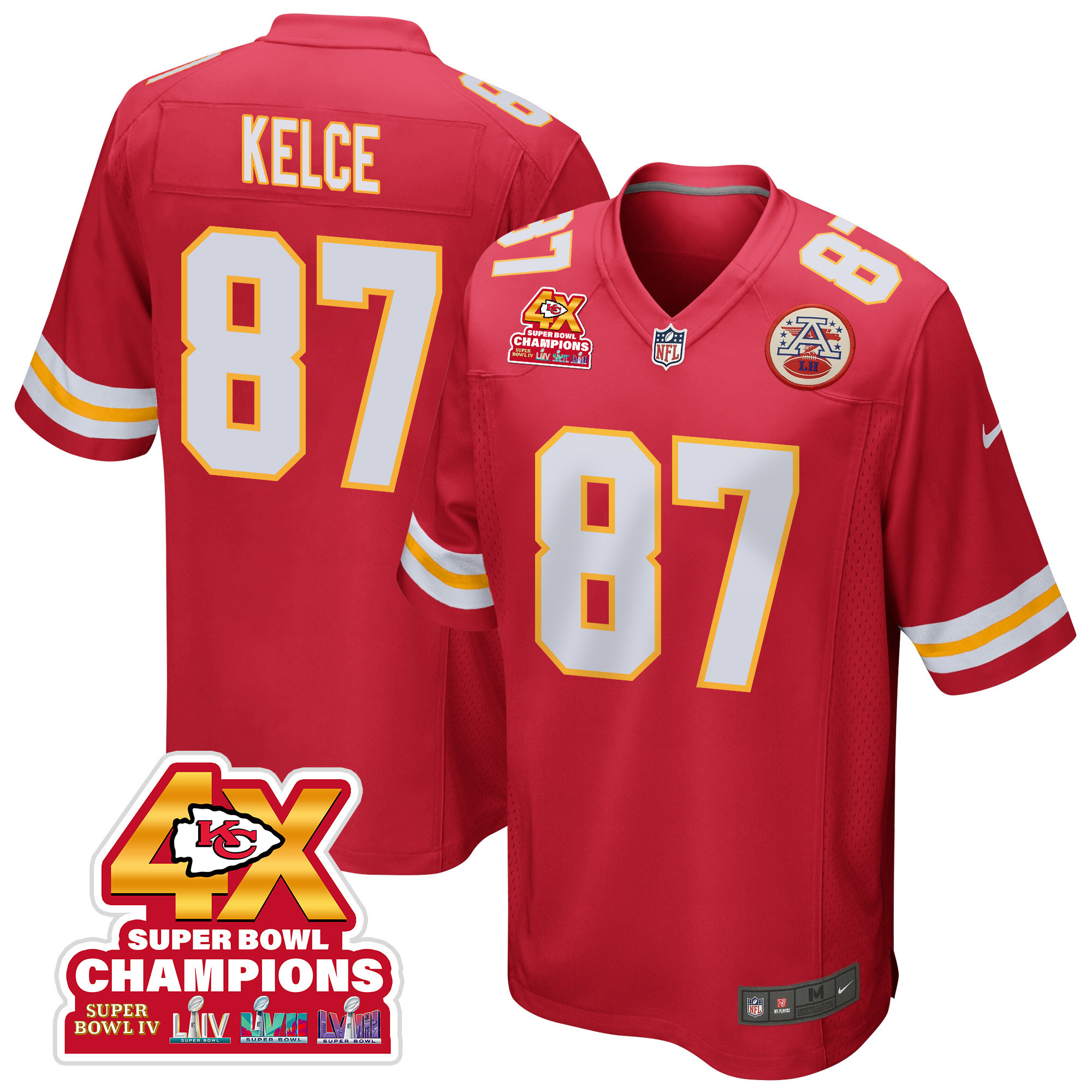 Travis Kelce 87 Kansas City Chiefs Super Bowl LVIII Champions 4X Game Red NFL Jersey Men's