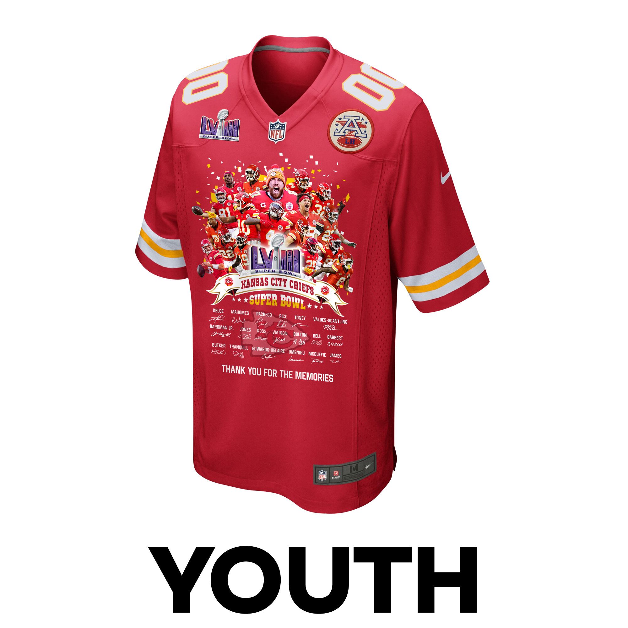 Kansas City Chiefs Super Bowl LVIII Thanks For Memories Game Custom Red NFL Jersey Youth