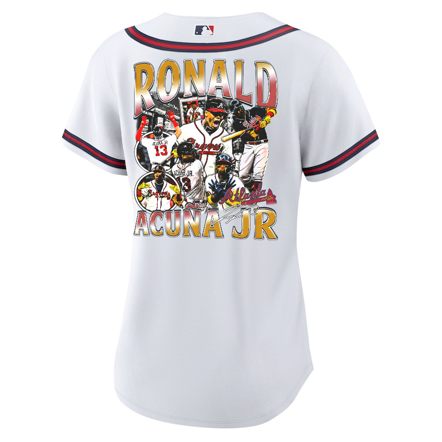 Ronald Acu?a Jr. 13 Atlanta Braves Signed Posture 2023 Home Player White Red MLB Jersey Women's