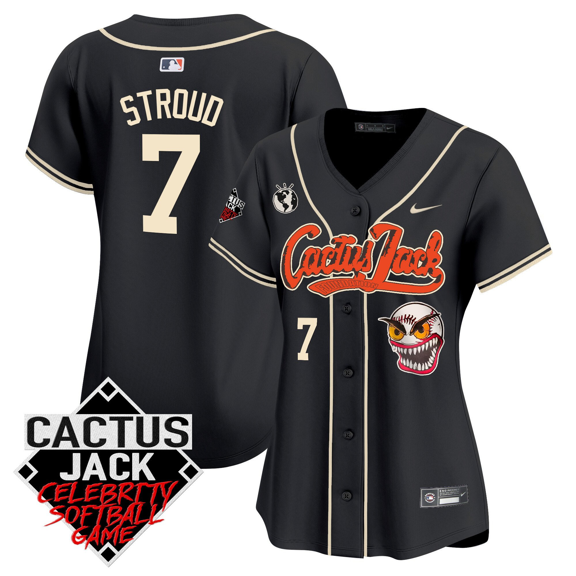CJ Stroud 7 Houston Astros Cactus Jack Celebrity Softball Game Patch Black MLB Jersey Women's