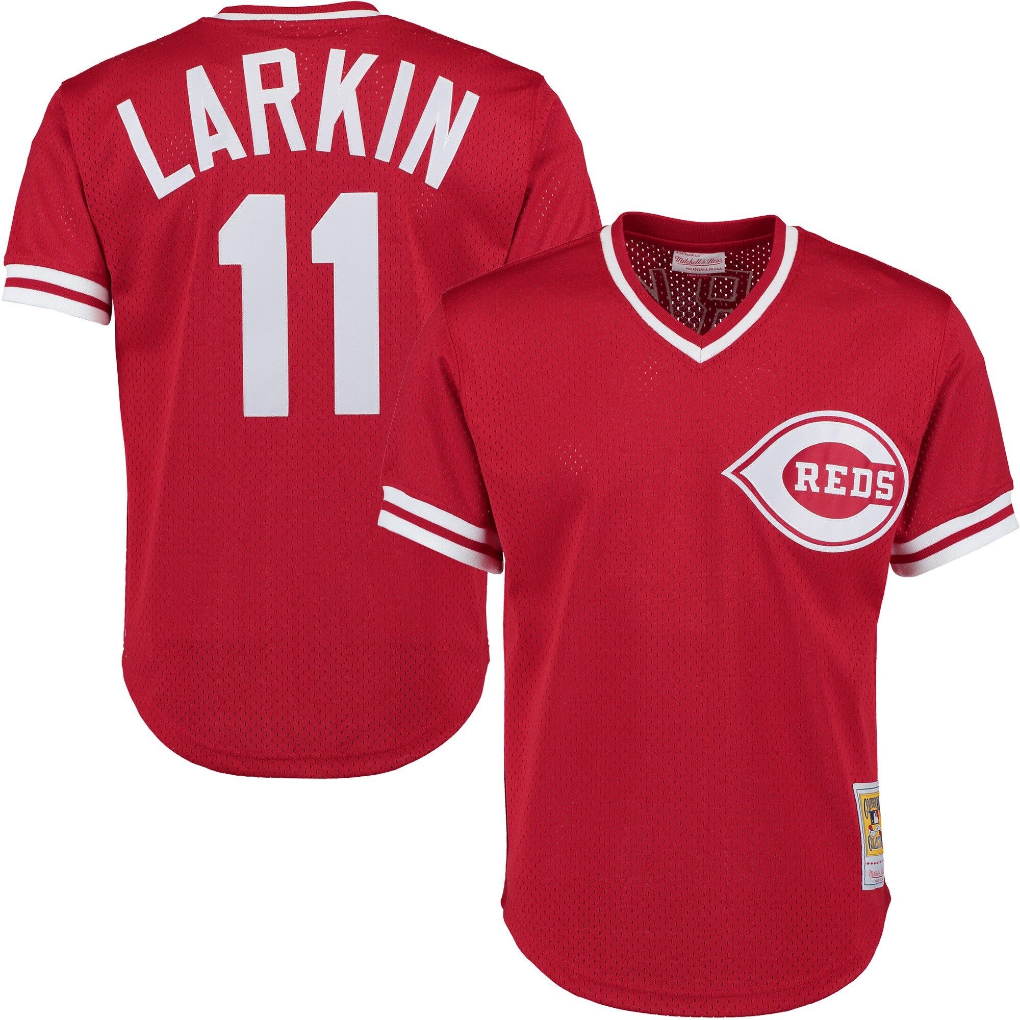 Cincinnati Reds Barry Larkin Mitchell Ness Red Cooperstown Collection Mesh Batting Practice Button-Up MLB Jersey Men's