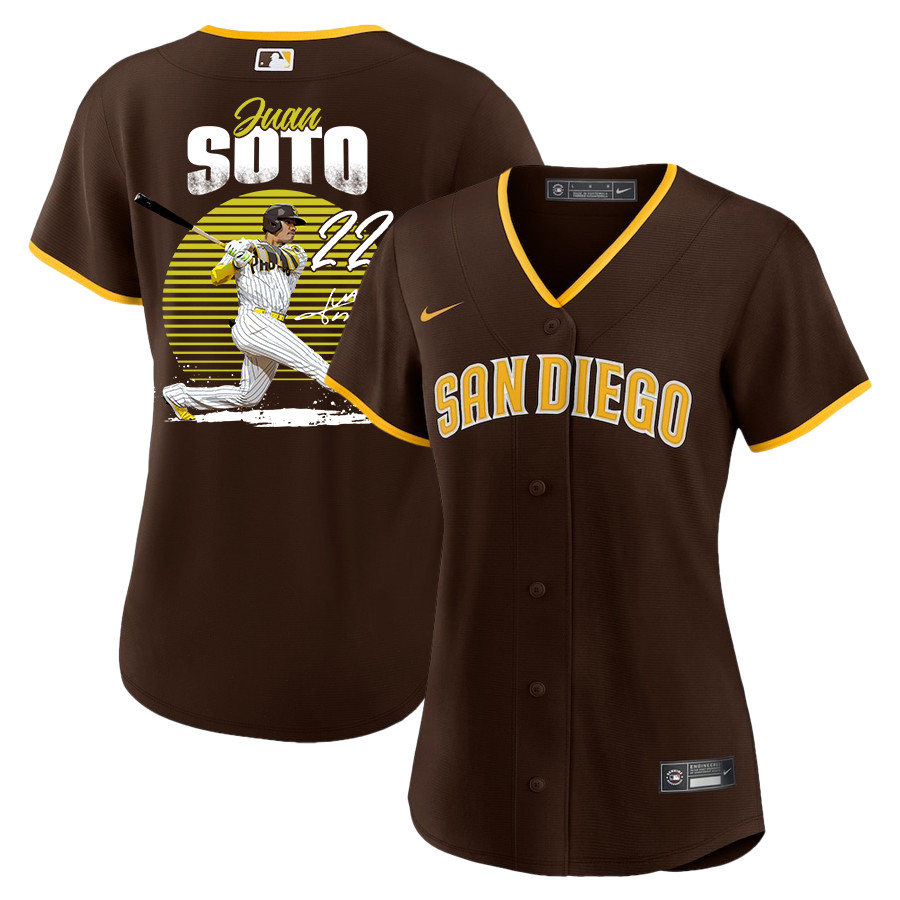 Juan Soto 22 San Diego Padres Signed Hit 2023 Road Player Brown MLB Jersey Women's