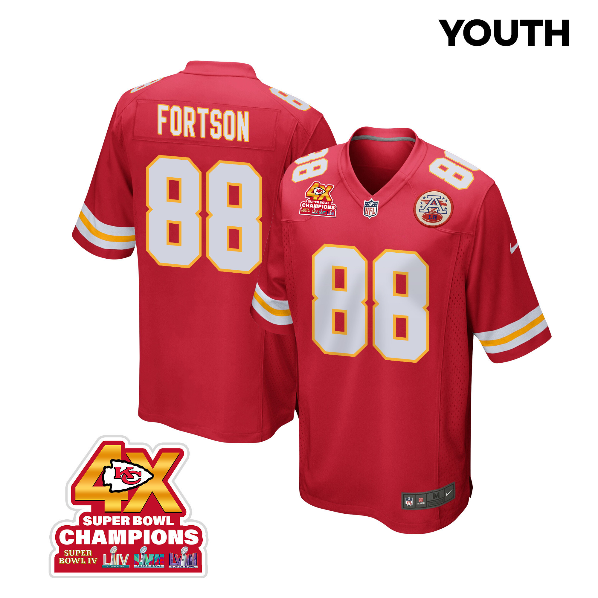 Jody Fortson 88 Kansas City Chiefs Super Bowl LVIII Champions 4X Game Red NFL Jersey Youth
