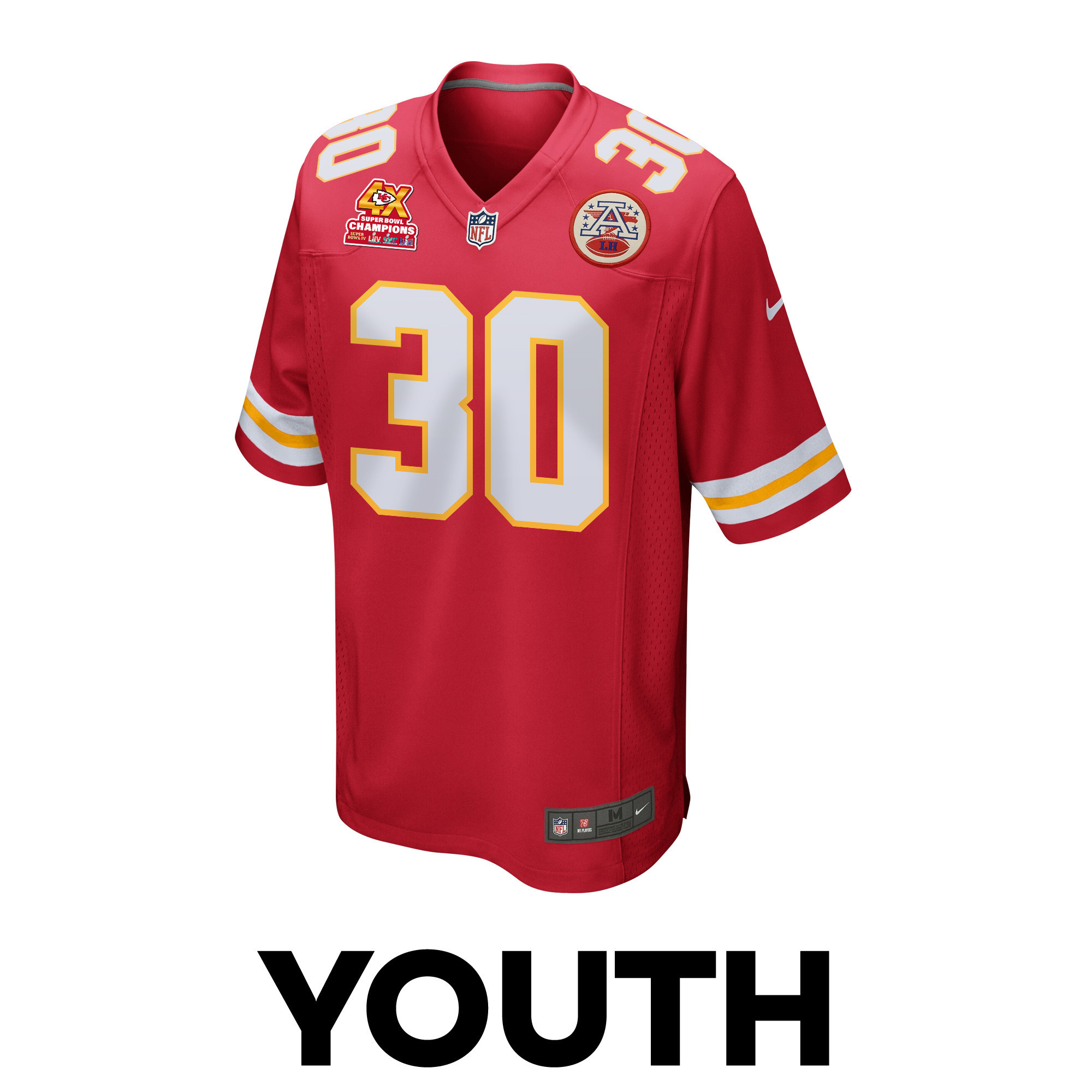 Keaontay Ingram 30 Kansas City Chiefs Super Bowl LVIII Champions 4X Game Red NFL Jersey Youth