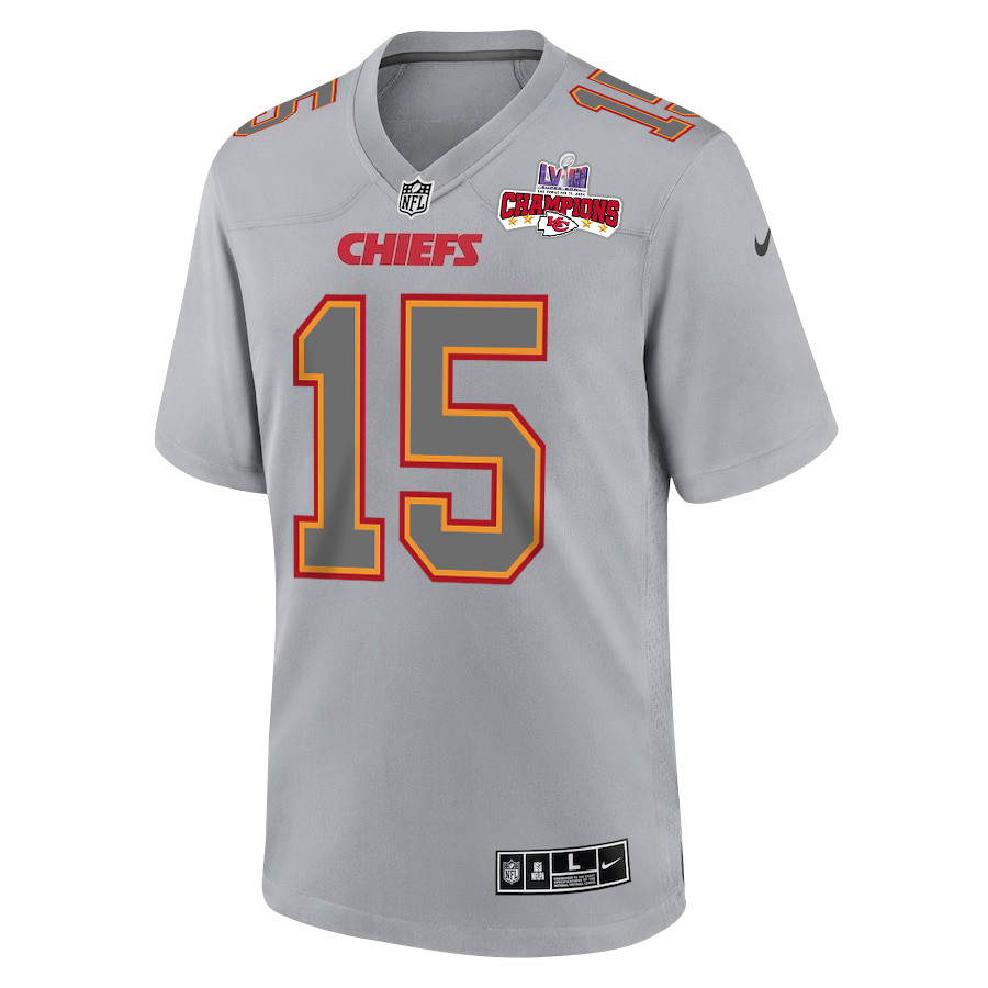 Patrick Mahomes 15 Kansas City Chiefs Super Bowl LVIII Champions 4 Stars Patch Atmosphere Fashion Game Gray NFL Jersey Men's