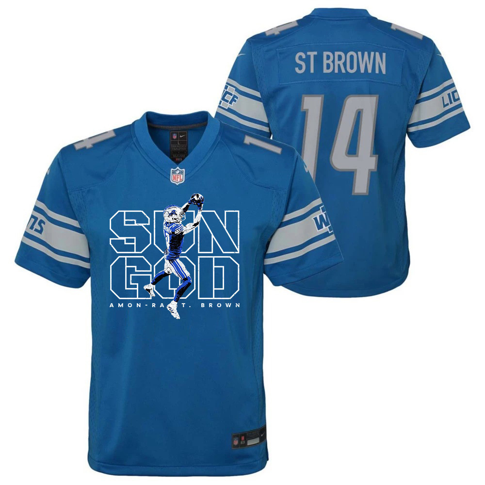 Amon-Ra St. Brown 14 Detroit Lions Sun God Game Blue NFL Jersey Youth