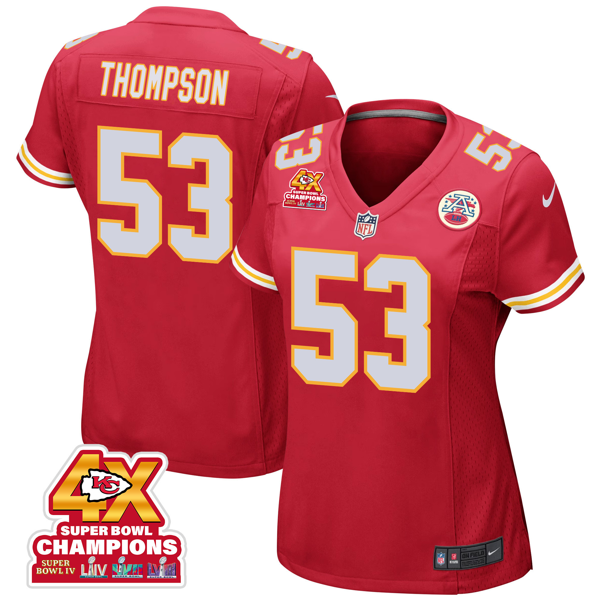 BJ Thompson 53 Kansas City Chiefs Super Bowl LVIII Champions 4X Game Red NFL Jersey Women's