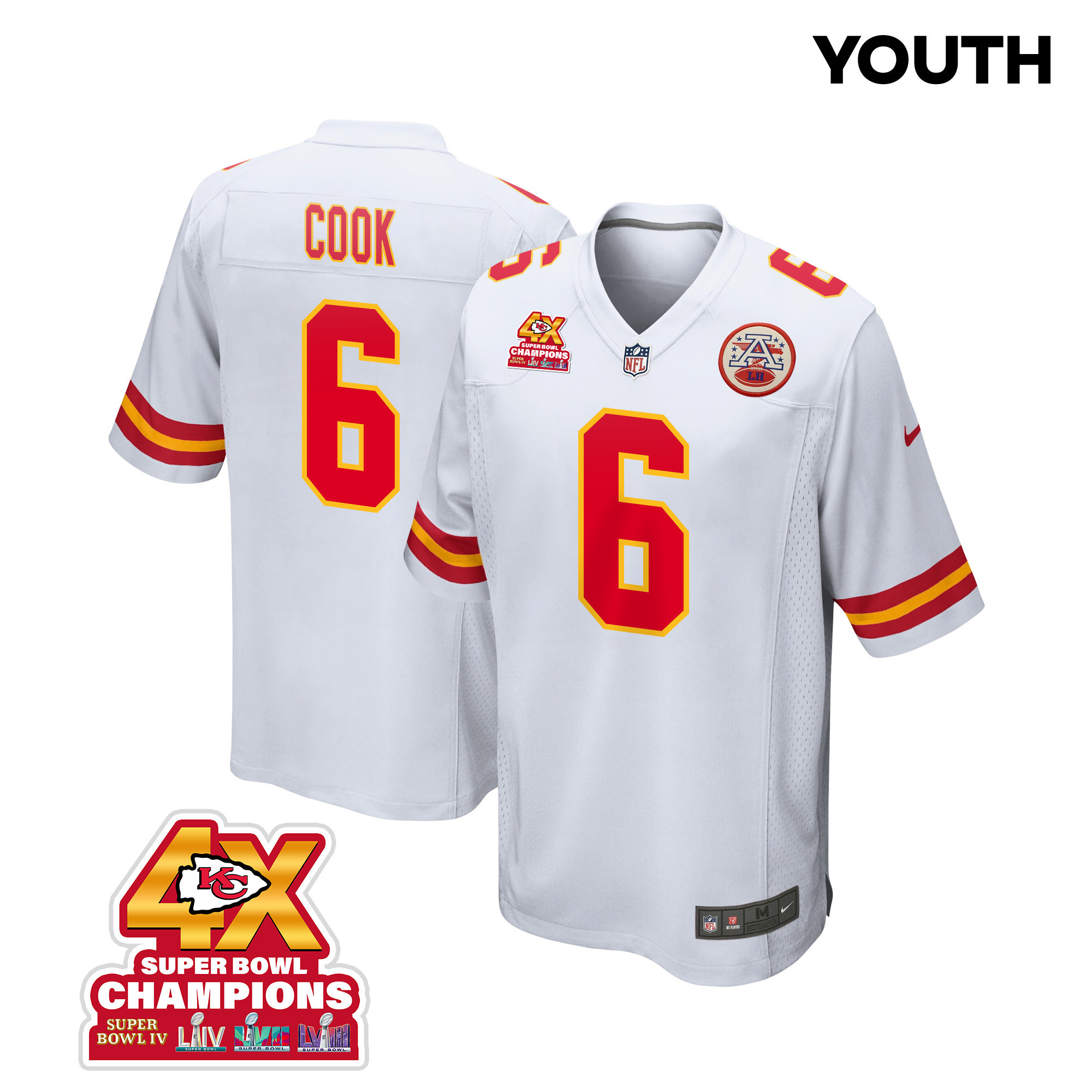 Bryan Cook 6 Kansas City Chiefs Super Bowl LVIII Champions 4X Game White NFL Jersey Youth