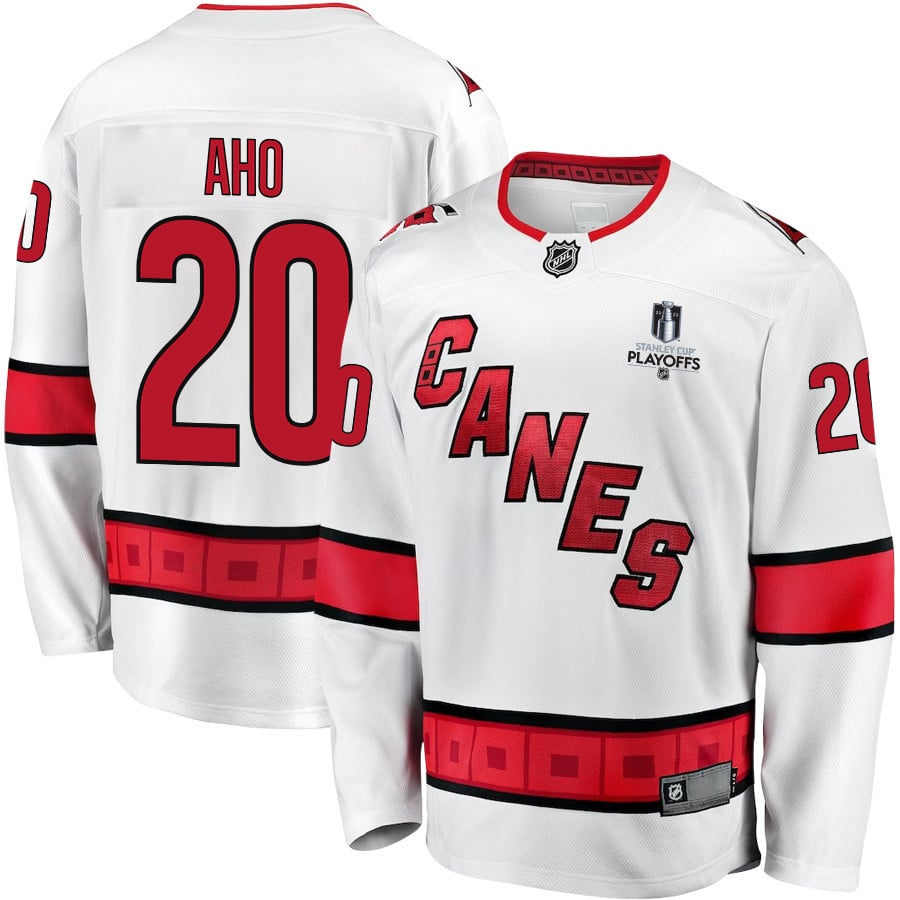 Sebastian Aho 20 Carolina Hurricanes Stanley Cup 2023 Playoffs Patch Away Breakaway White NHL Jersey Men's