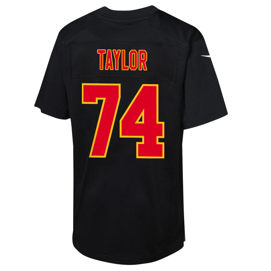 Jawaan Taylor 74 Kansas City Chiefs Super Bowl LVIII Champions 4 Stars Patch Fashion Game Carbon Black NFL Jersey Youth