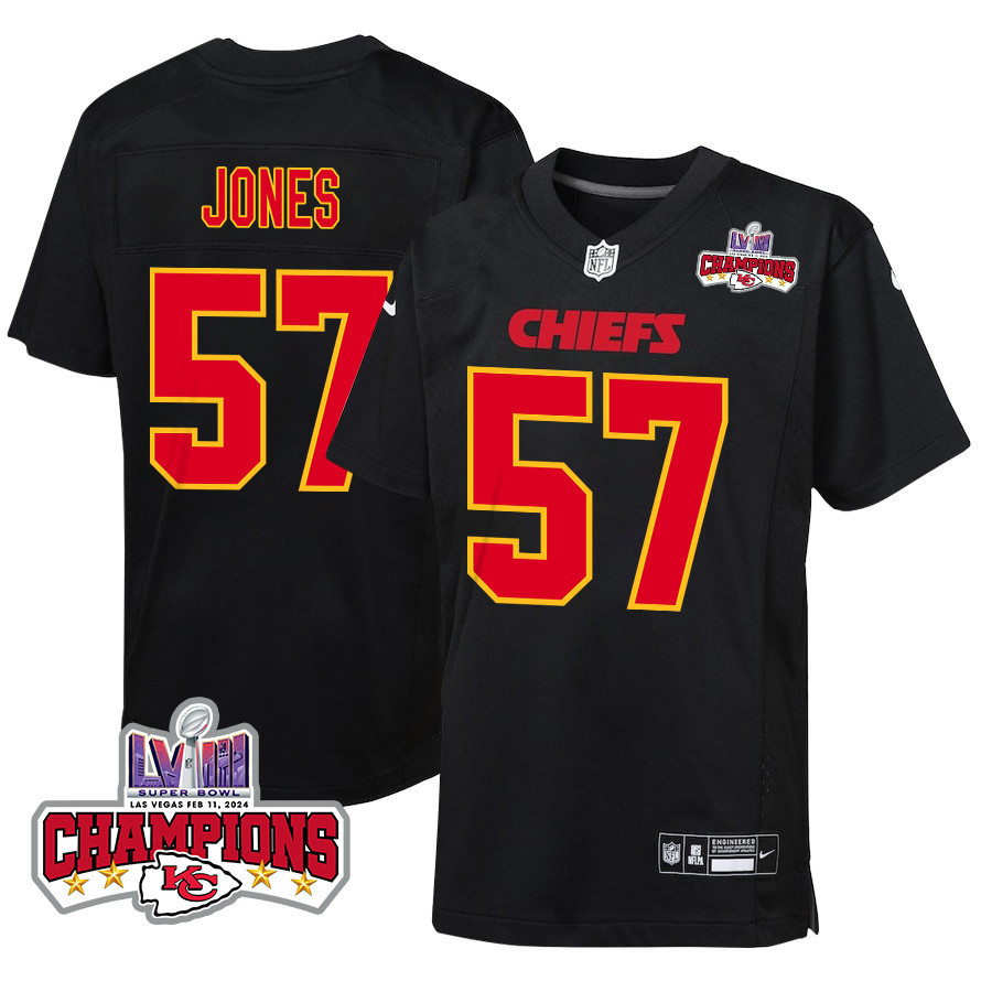 Truman Jones 57 Kansas City Chiefs Super Bowl LVIII Champions 4 Stars Patch Fashion Game Carbon Black NFL Jersey Youth