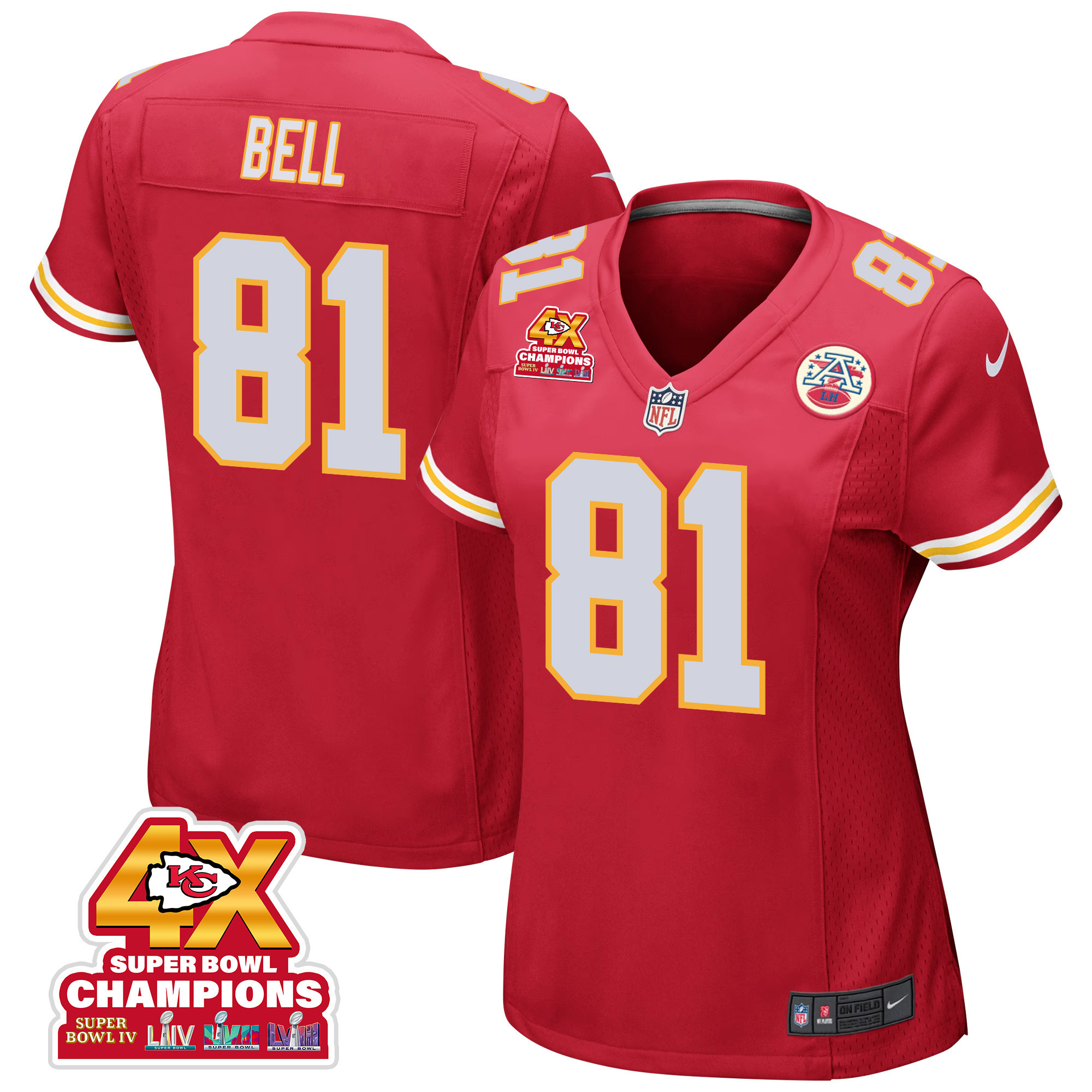 Blake Bell 81 Kansas City Chiefs Super Bowl LVIII Champions 4X Game Red NFL Jersey Women's