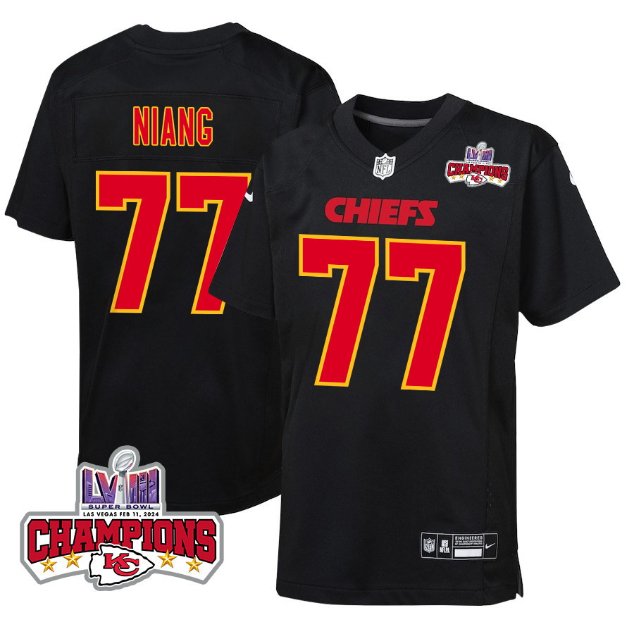Lucas Niang 77 Kansas City Chiefs Super Bowl LVIII Champions 4 Stars Patch Fashion Game Carbon Black NFL Jersey Youth