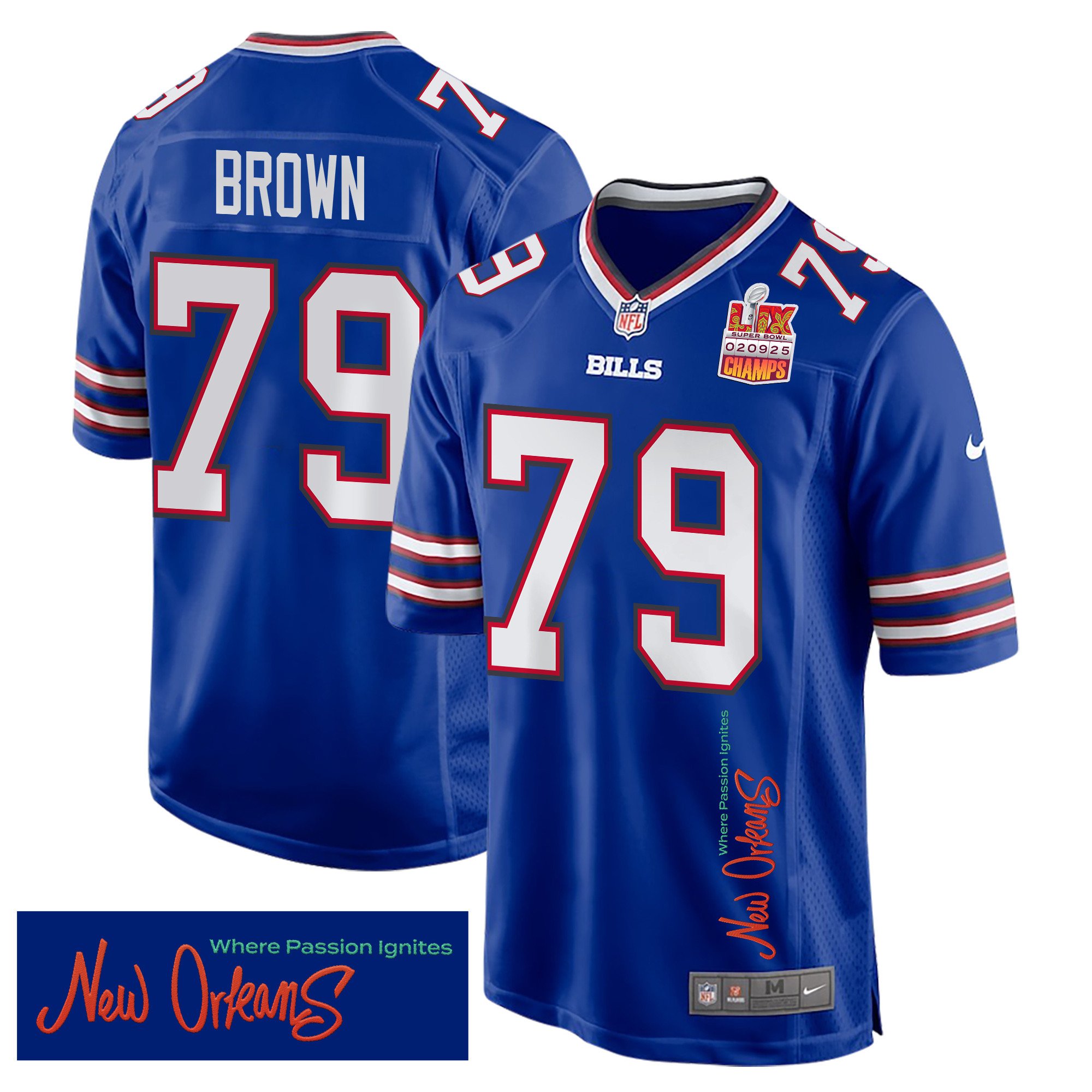 Spencer Brown 79 Buffalo Bills Super Bowl LIX Champions Patch New Orleans Where Passion Ignites' EMBROIDERED Game Royal NFL Jersey Men's