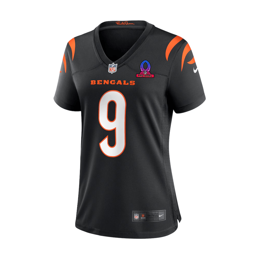 Joe Burrow 9 Cincinnati Bengals 2025 Pro Bowl Patch Game Black NFL Jersey Women's