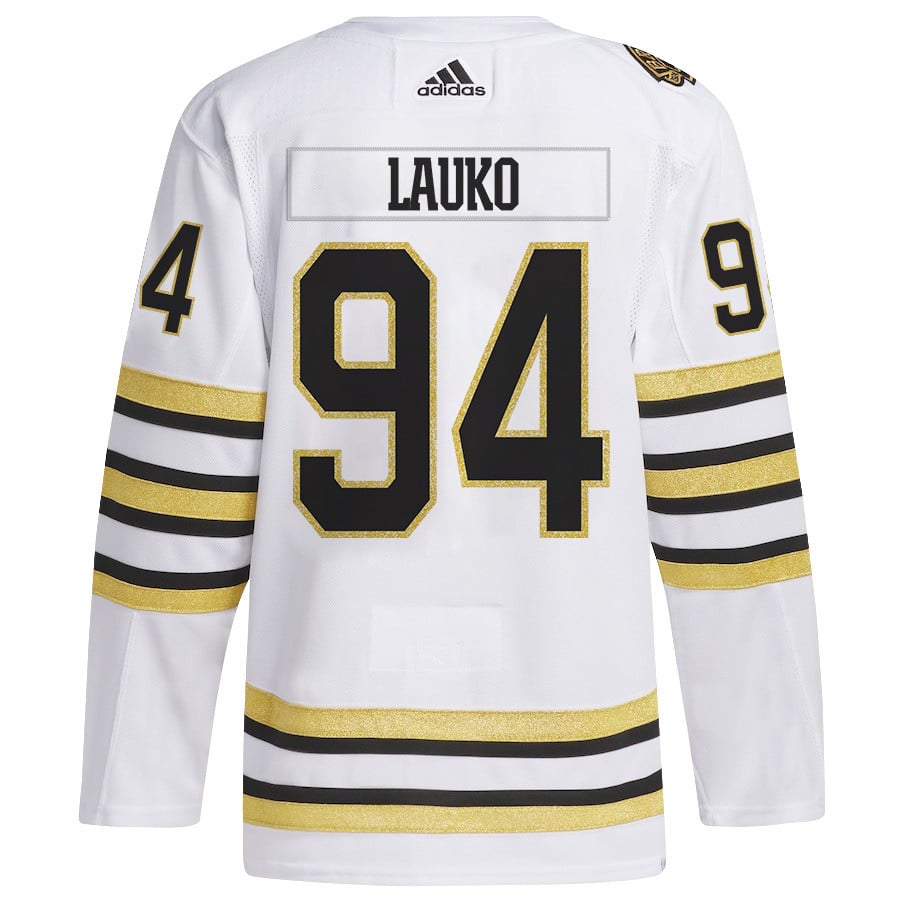 Jakub Lauko 94 Boston Bruins 2024 Playoffs Patch Away White NHL Jersey Men's