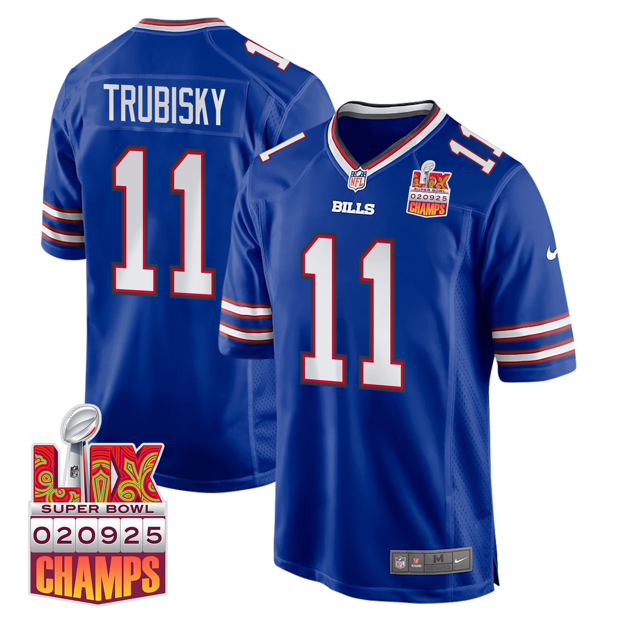 Mitchell Trubisky 11 Buffalo Bills Super Bowl LIX Champions Patch Game Royal NFL Jersey Men's