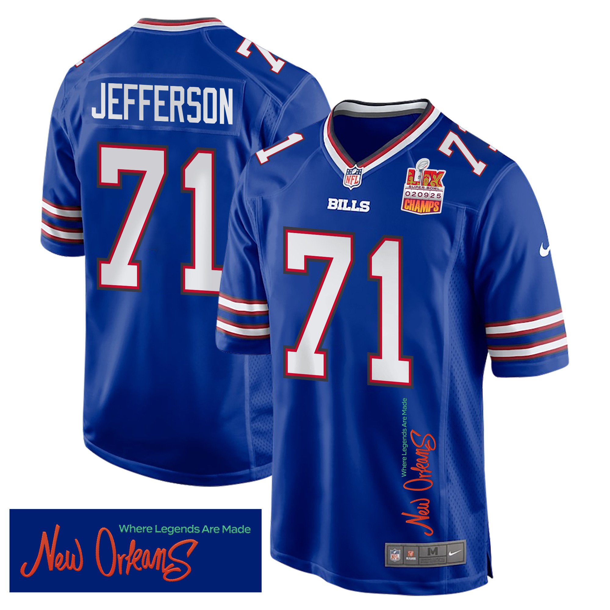 Quinton Jefferson 71 Buffalo Bills Super Bowl LIX Champions Patch New Orleans Where Legends Are Made' EMBROIDERED Game Royal NFL Jersey Men's