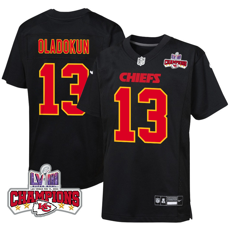 Chris Oladokun 13 Kansas City Chiefs Super Bowl LVIII Champions 4 Stars Patch Fashion Game Carbon Black NFL Jersey Youth