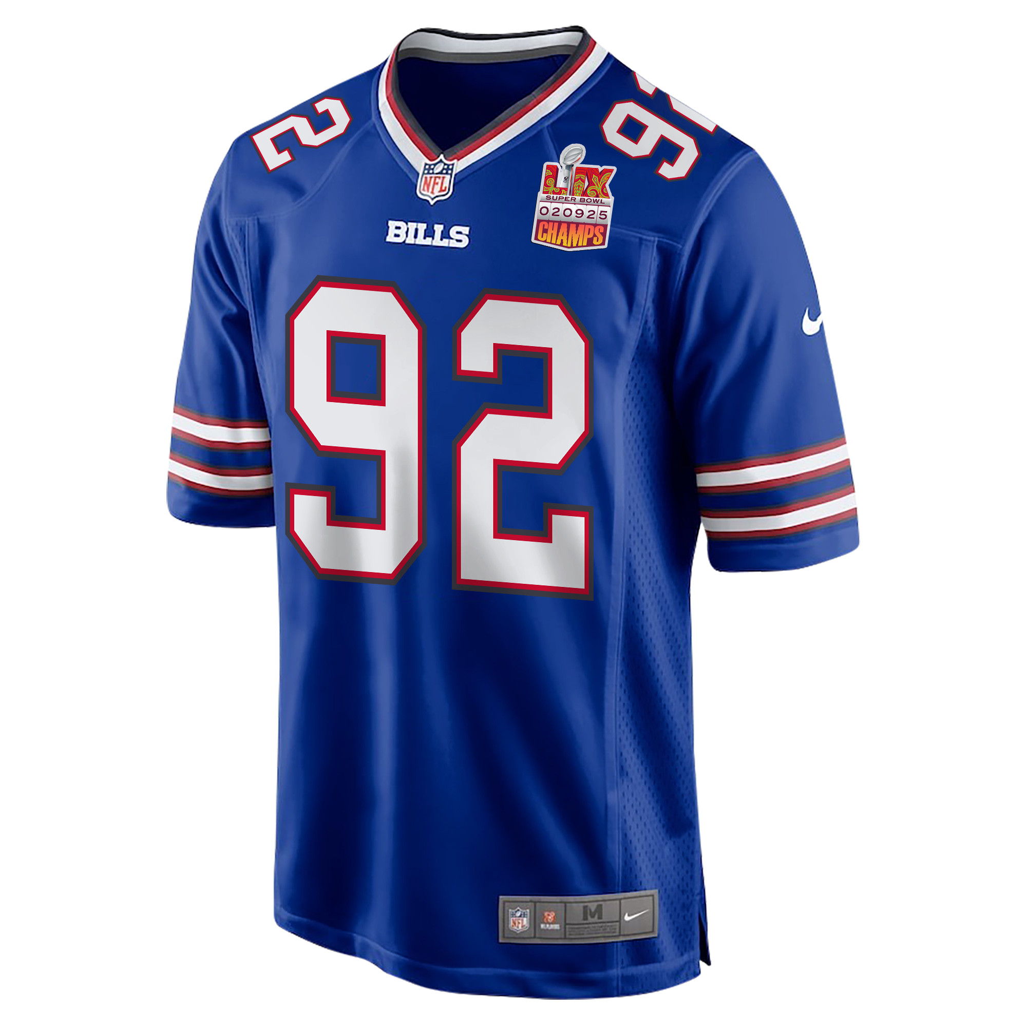 DaQuan Jones 92 Buffalo Bills Super Bowl LIX Champions Patch Game Royal NFL Jersey Men's