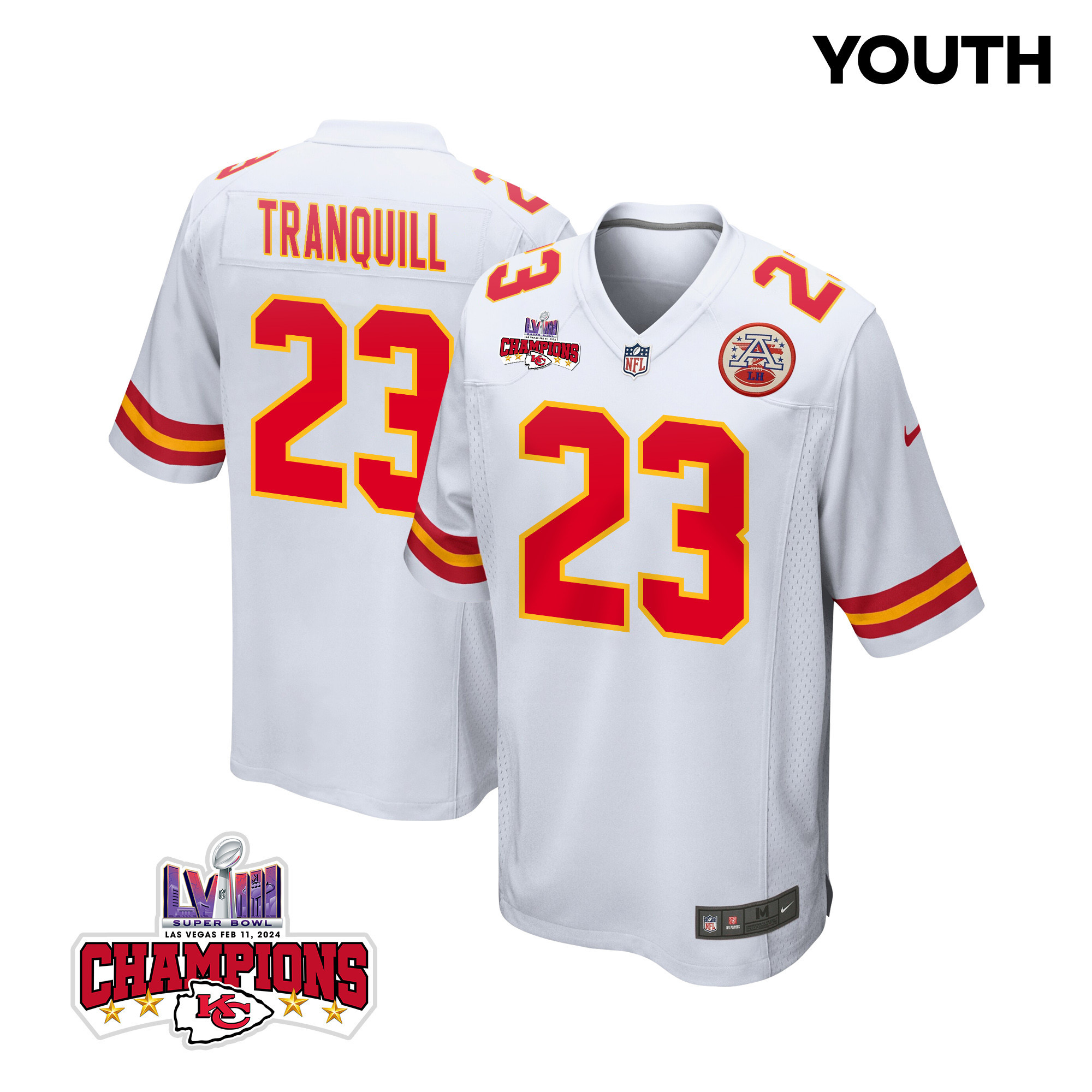 Drue Tranquill 23 Kansas City Chiefs Super Bowl LVIII Champions 4 Stars Patch Game White NFL Jersey Youth