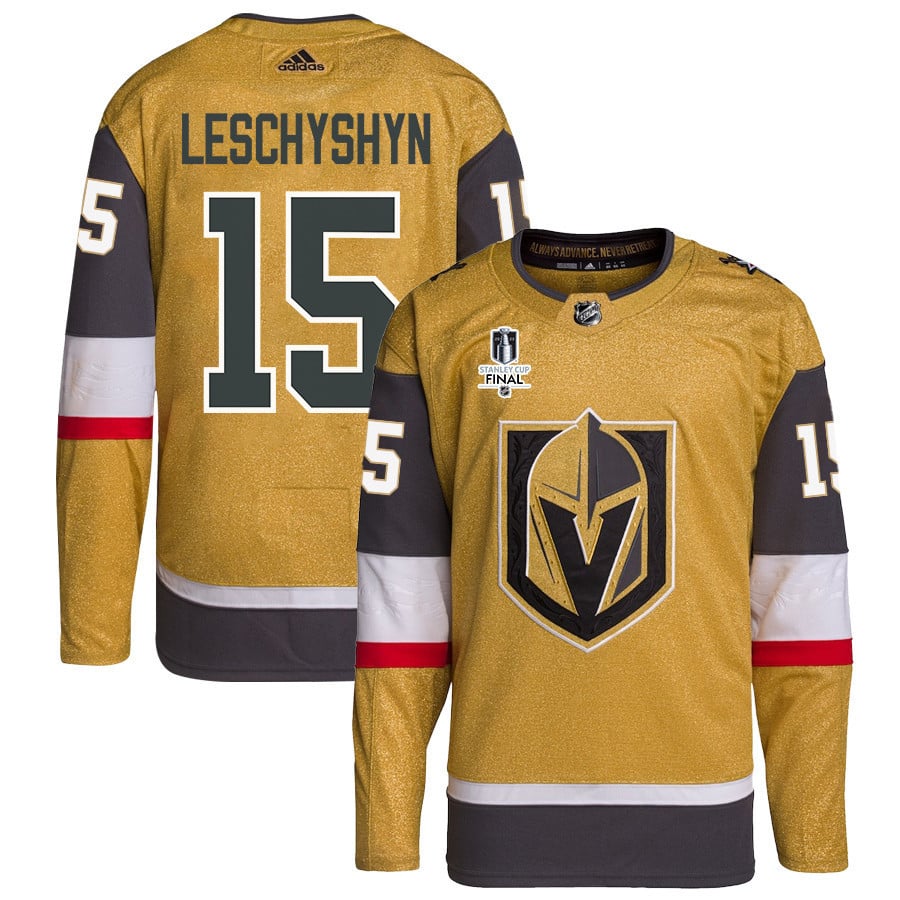 Jake Leschyshyn 15 Vegas Golden Knights Stanley Cup 2023 Final Patch Home Breakaway Gold NHL Jersey Men's