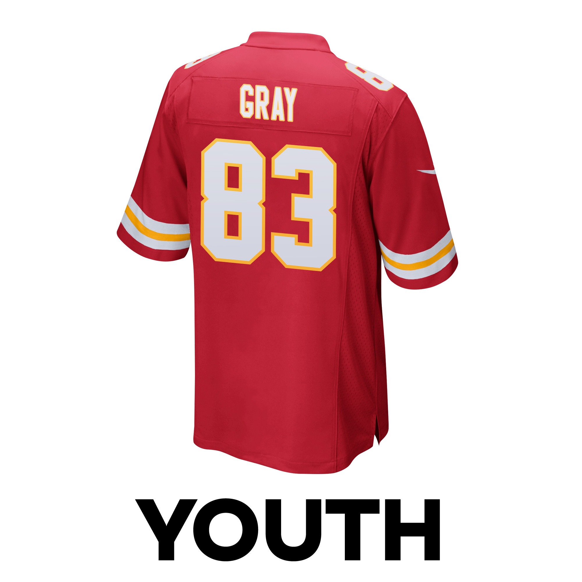 Noah Gray 83 Kansas City Chiefs Super Bowl LVIII Champions 4 Stars Patch Game Red NFL Jersey Youth