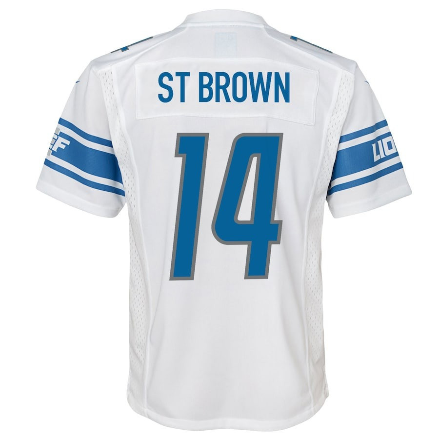 Amon-Ra St. Brown 14 Detroit Lions Sun God Game White NFL Jersey Youth