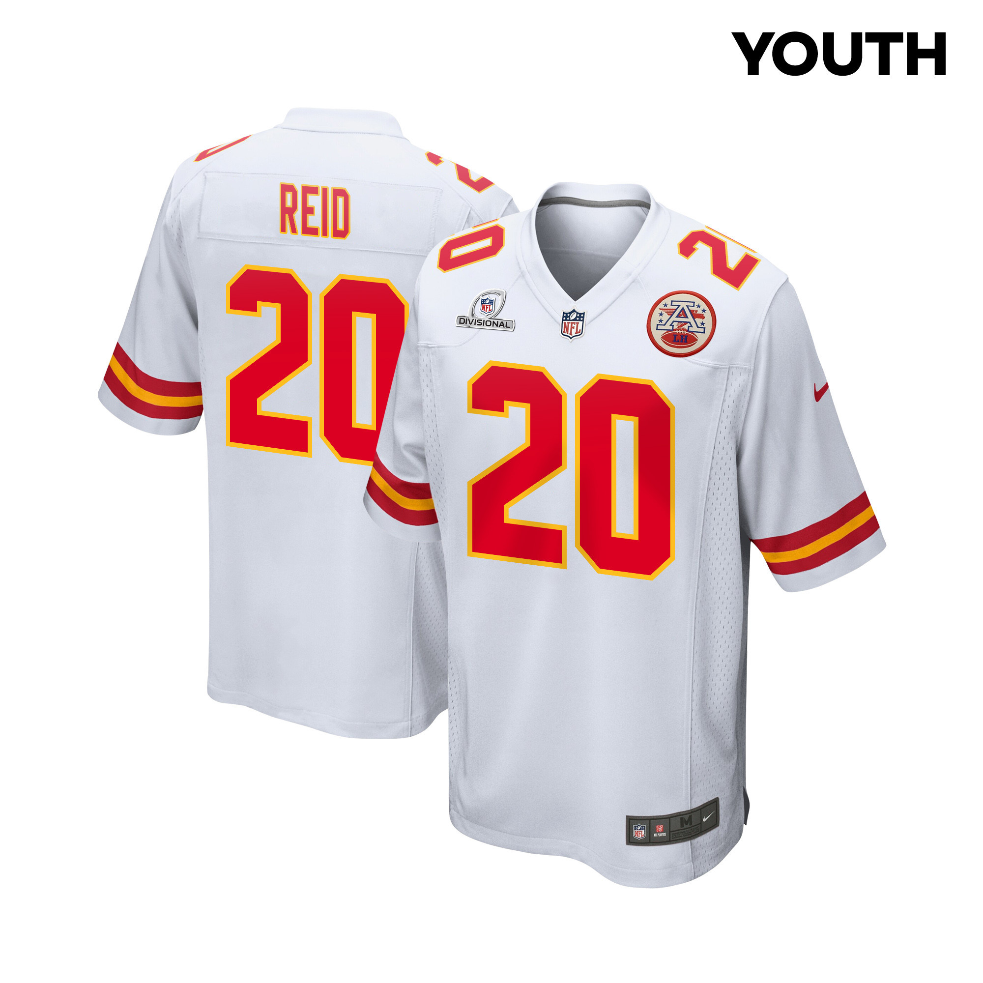 Justin Reid 20 Kansas City Chiefs Super Bowl LVIII Patch Game White NFL Jersey Youth