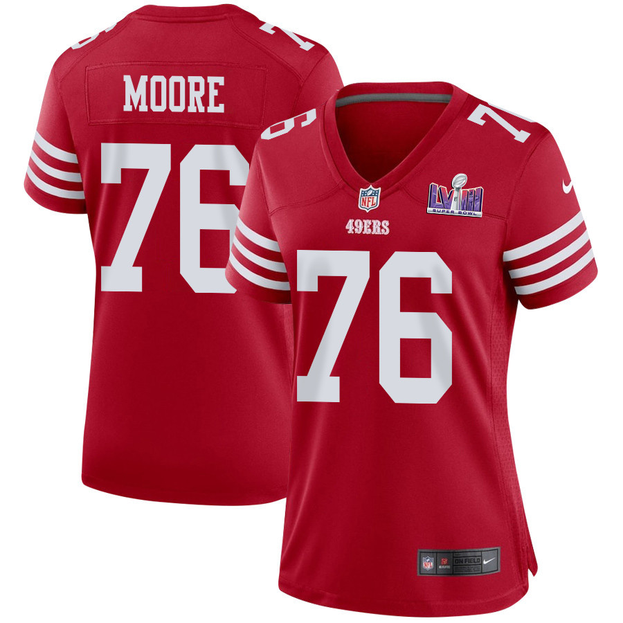 Jaylon Moore 76 San Francisco 49ers Super Bowl LVIII Patch Game Scarlet NFL Jersey Women's