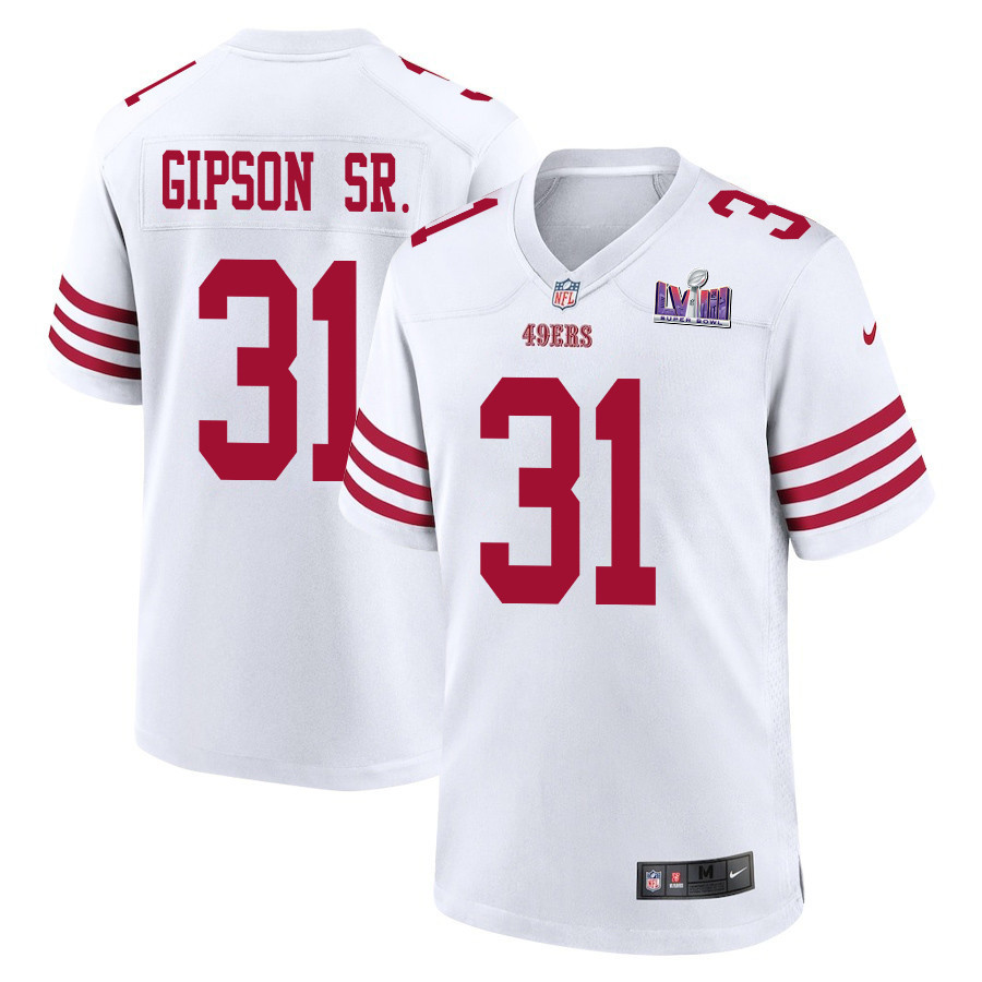 Tashaun Gipson Sr. 31 San Francisco 49ers Super Bowl LVIII Patch Game White NFL Jersey Men's