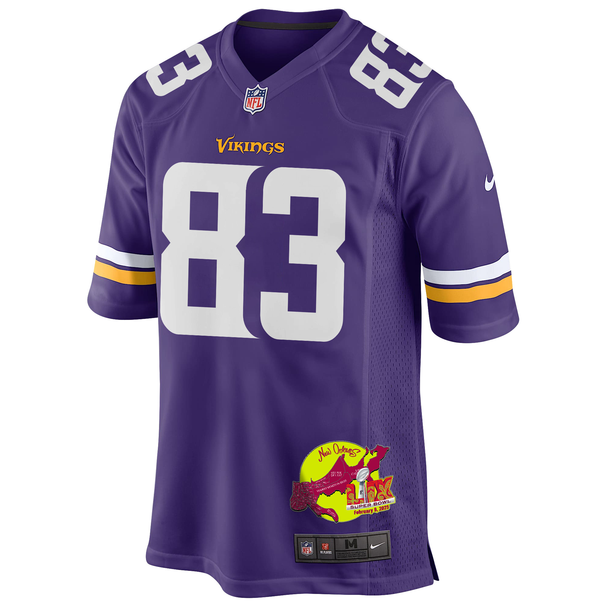 Jalen Nailor 83 Minnesota Vikings Super Bowl LIX New Orleans Patch Game Purple NFL Jersey Men's