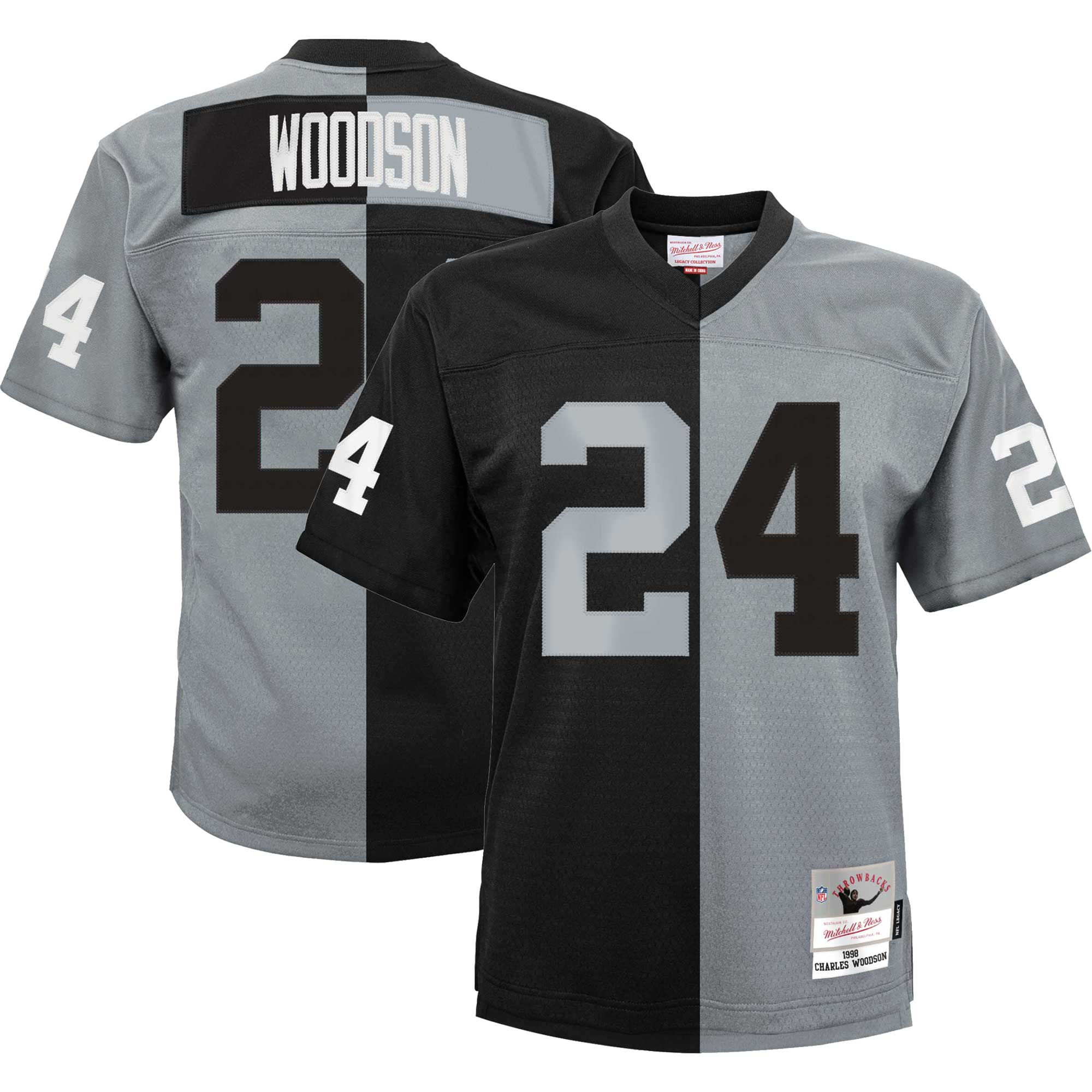Las Vegas Raiders Charles Woodson Mitchell Ness Black/Silver Split Legacy NFL Jersey Youth