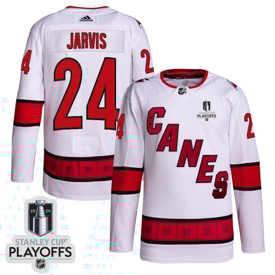 Seth Jarvis 24 Carolina Hurricanes 2024 Playoffs Patch Away White NHL Jersey Men's