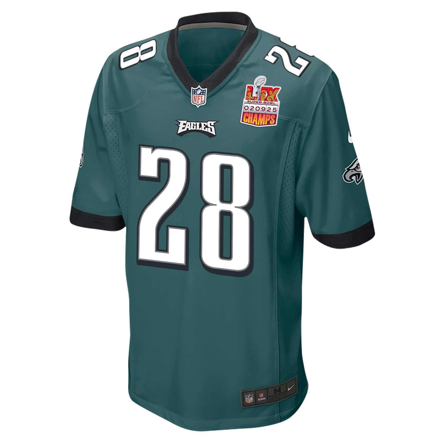 Will Shipley 28 Philadelphia Eagles Super Bowl LIX Champions Patch Game Midnight Green NFL Jersey Men's