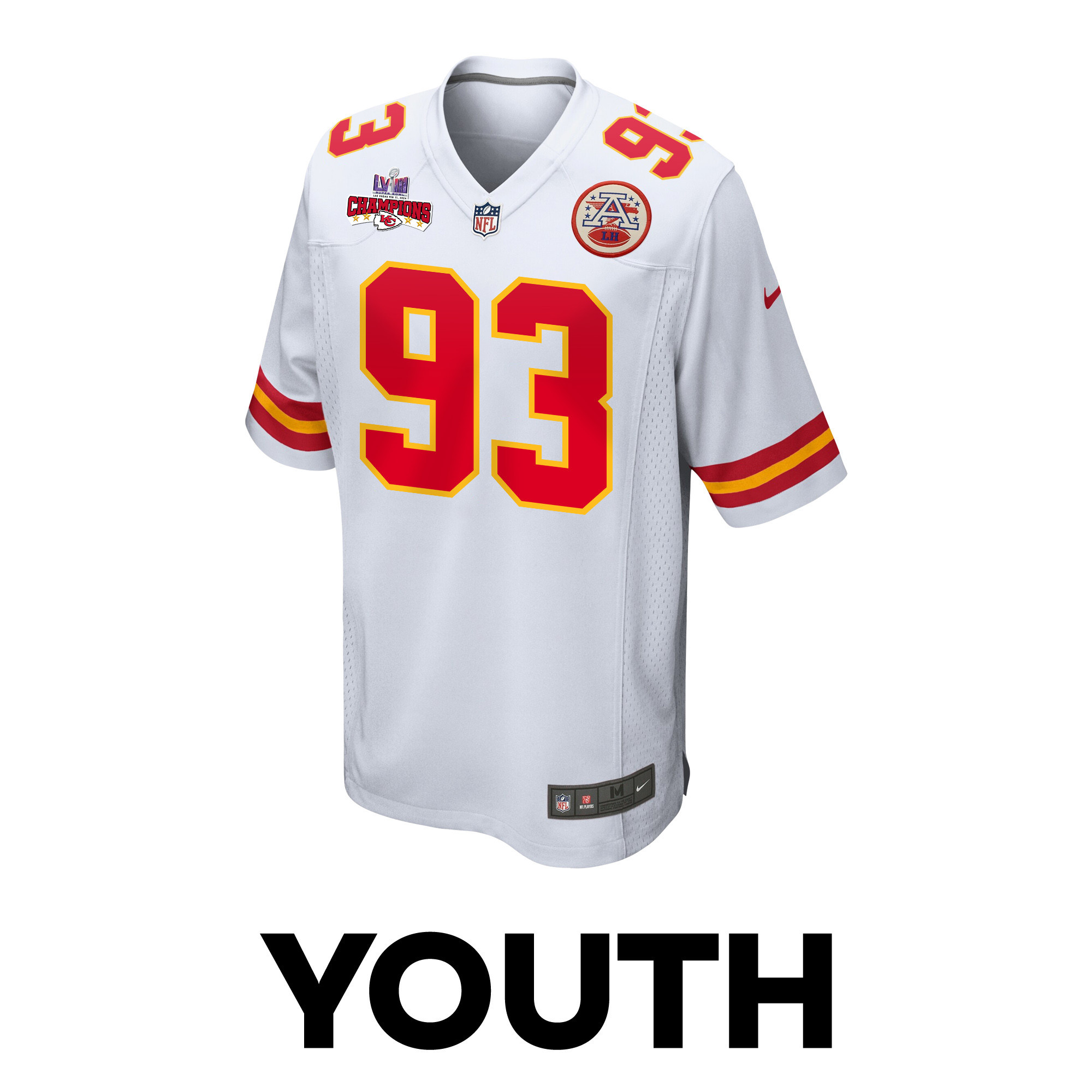 Matt Dickerson 93 Kansas City Chiefs Super Bowl LVIII Champions 4 Stars Patch Game White NFL Jersey Youth