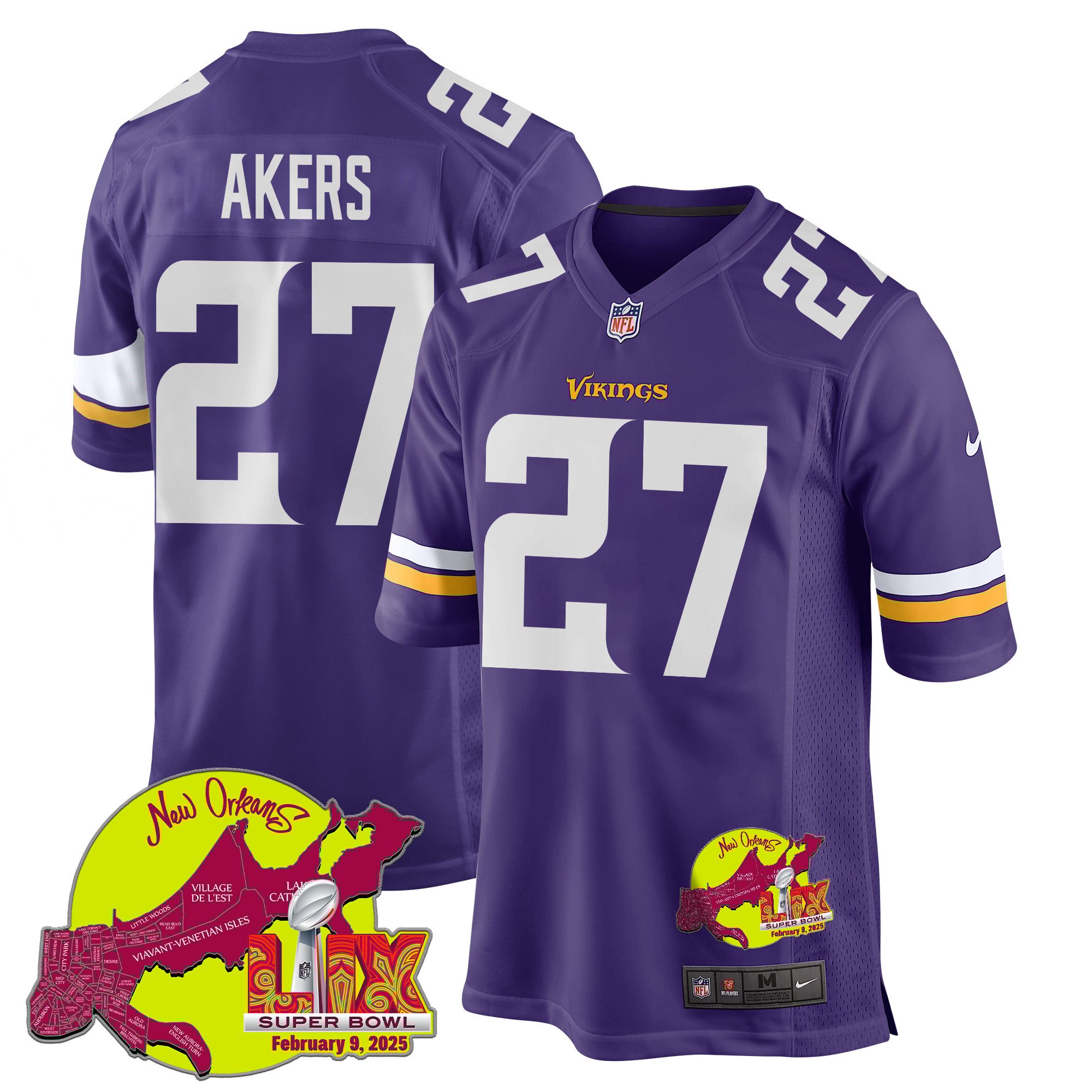 Cam Akers 27 Minnesota Vikings Super Bowl LIX New Orleans Patch Game Purple NFL Jersey Men's