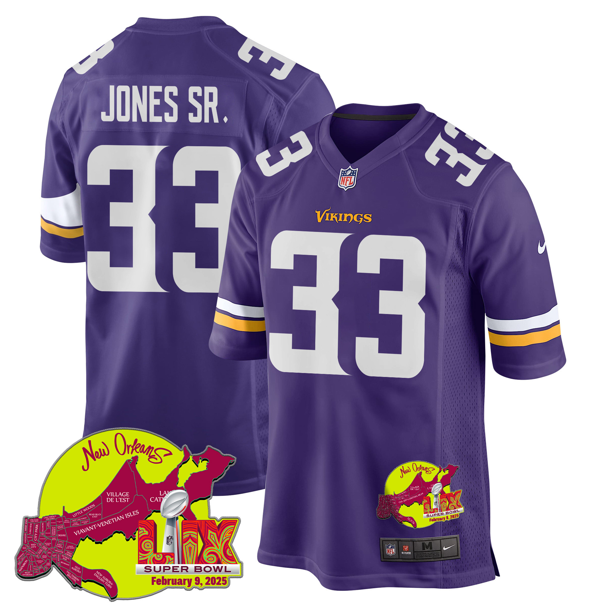 Aaron Jones Sr. 33 Minnesota Vikings Super Bowl LIX New Orleans Patch Game Purple NFL Jersey Men's