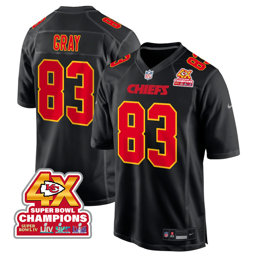 Noah Gray 83 Kansas City Chiefs Super Bowl LVIII Champions 4X Fashion Game Carbon Black NFL Jersey Men's