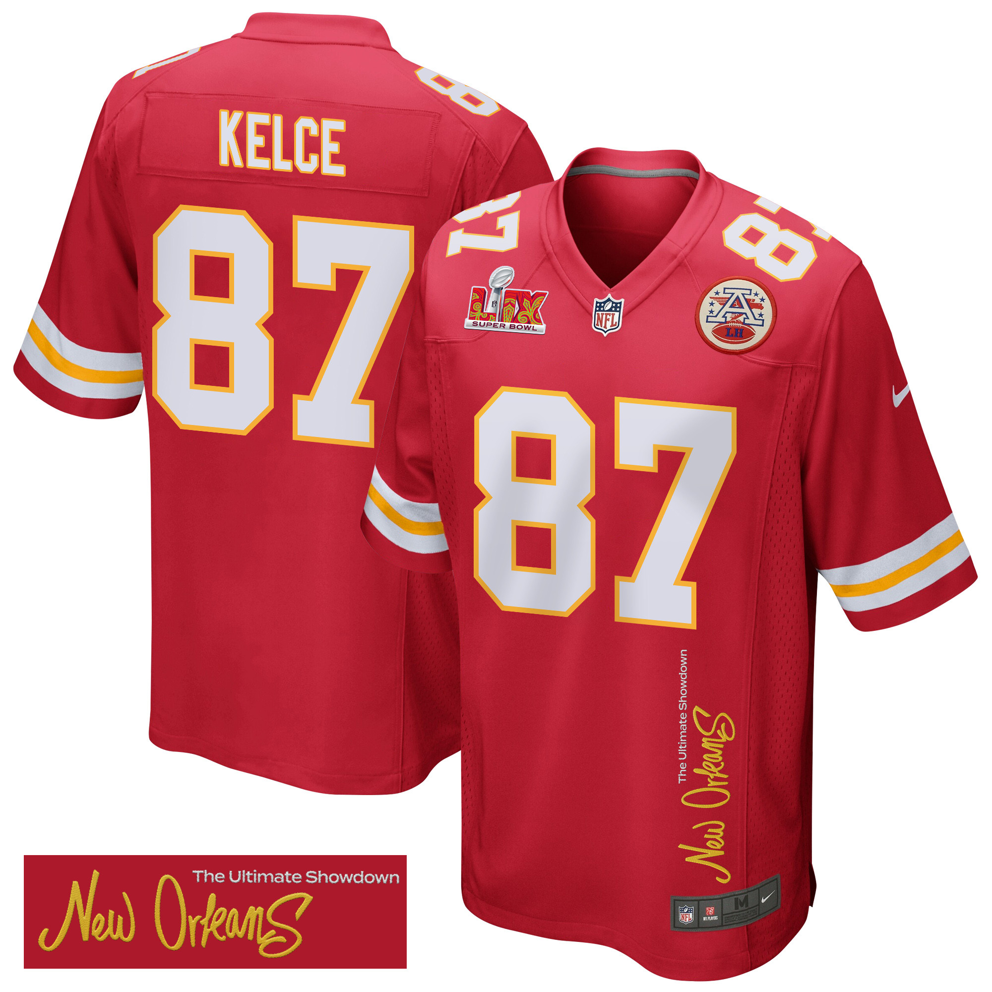 Travis Kelce 87 Kansas City Chiefs Super Bowl LIX New Orleans The Ultimate Showdown' EMBROIDERED Game Red NFL Jersey Men's