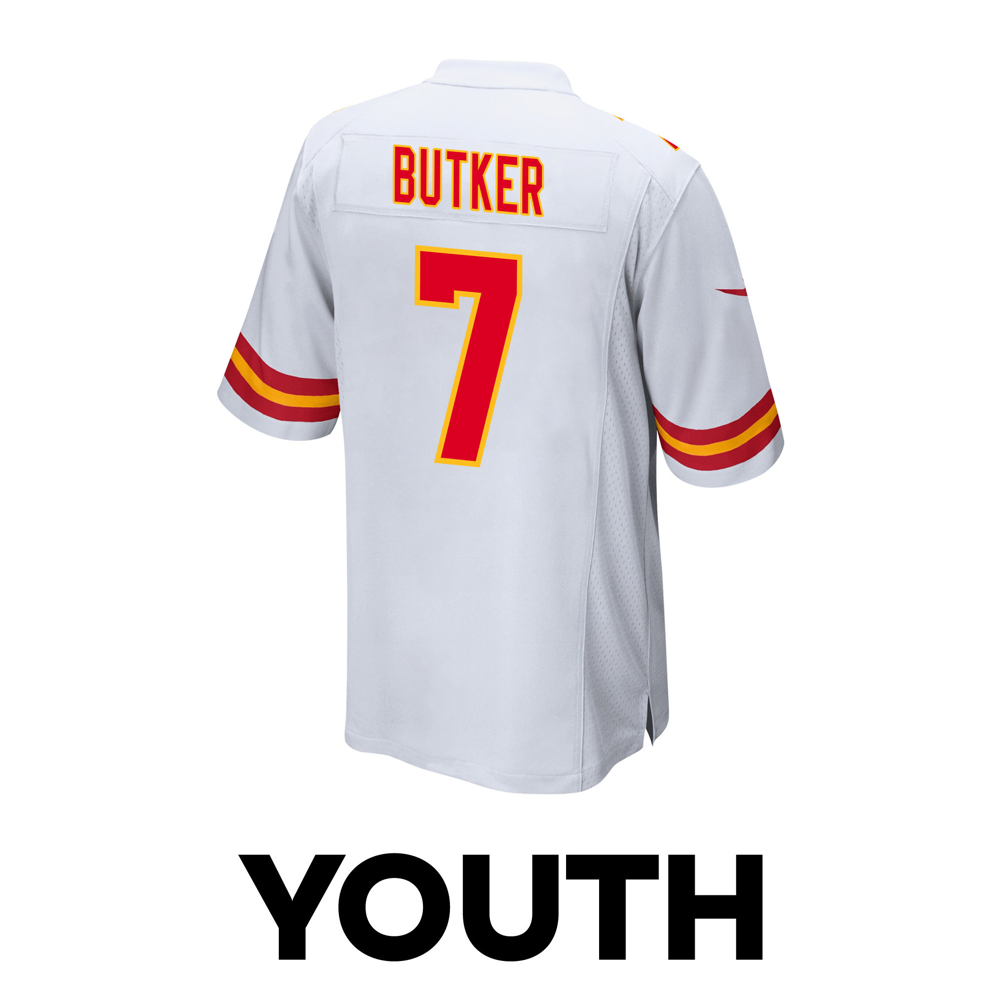 Harrison Butker 7 Kansas City Chiefs Super Bowl LVIII Champions 4 Stars Patch Game White NFL Jersey Youth