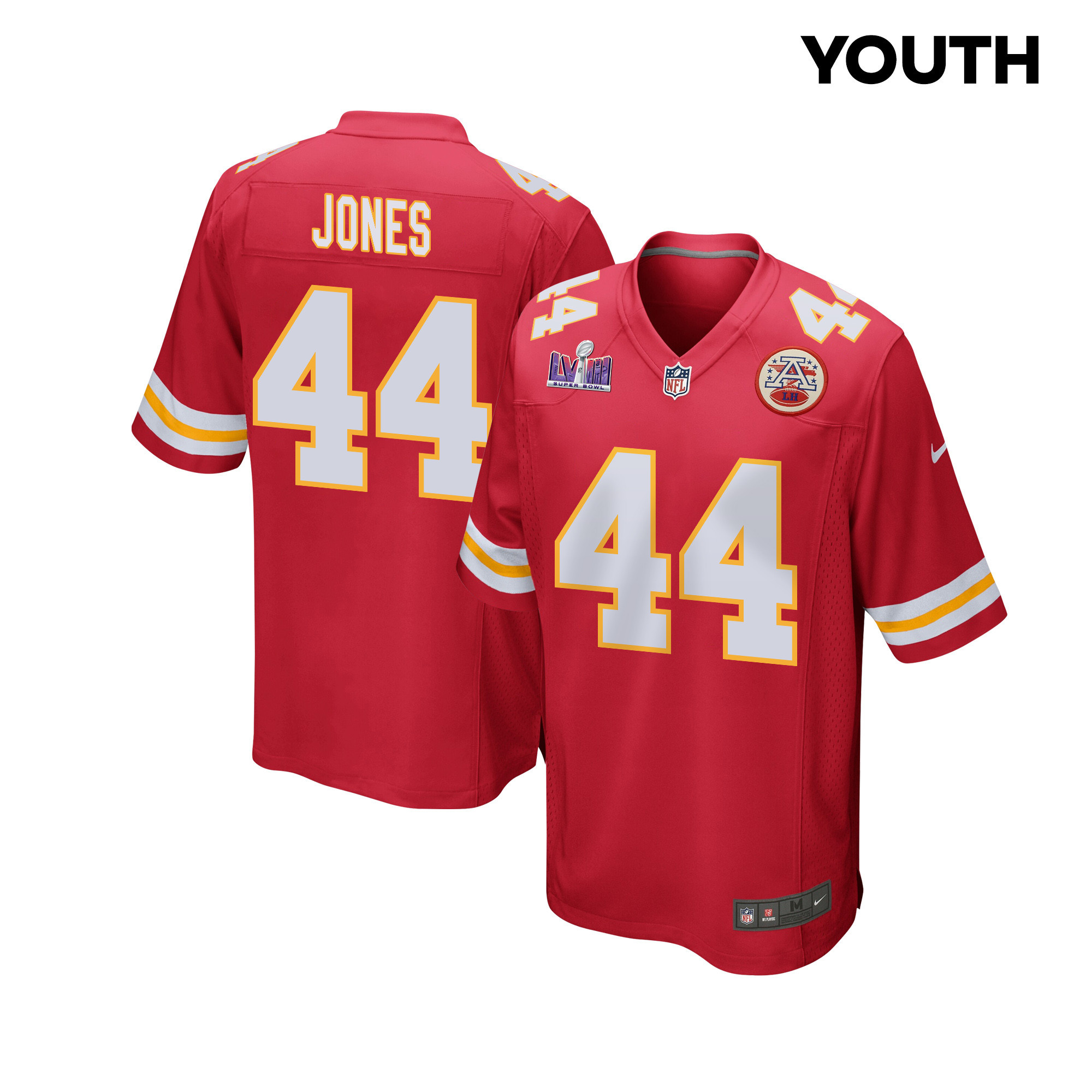 Cam Jones 44 Kansas City Chiefs Super Bowl LVIII Patch Game Red NFL Jersey Youth